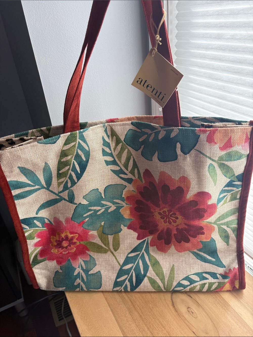 Atenti Floral Large Canvas Tote Bag in Pink and Teal and Cheetah NWT